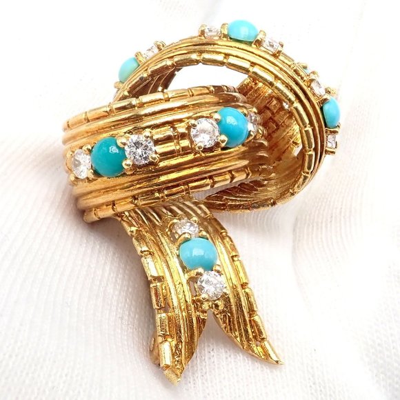 Vintage Tiffany & Co. 18k Yellow Gold Diamond Turquoise Bamboo Bow Pin Brooch - Picture 6 of 11